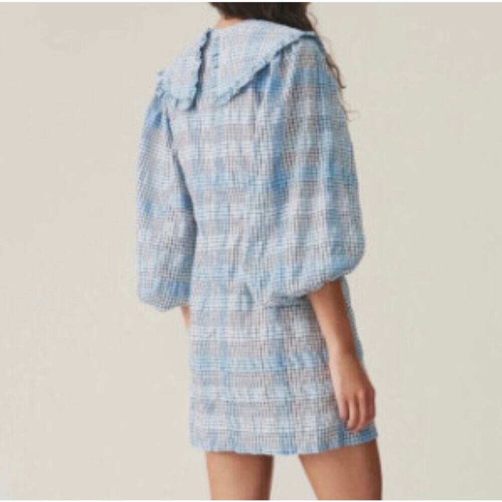 GANNI Blue Seersucker Checkered Collared Mini Dress Size EU 36 / US 4 - Picture 2 of 9